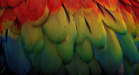 Obraz premium Colorful plumage close up with visible feather texture and copy space for text layout