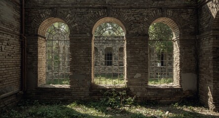 Obraz premium Ancient abandoned ruin showing broken arch window frames