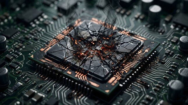 Overheating Computer Processor Chip Burning on Green Motherboard