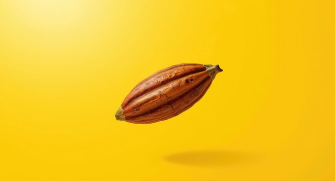 Levitation concept portrayed by a cocoa pod floating against a sunny yellow background
