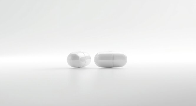 Two white capsules captured in tight focus with an unbroken white backdrop