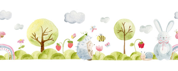 Watercolor woodland animals border with bunny hedgehog snail and forest plants © SophieMyWatercolor