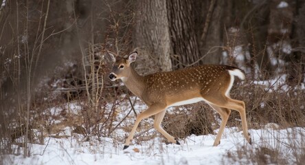 Alert white-tailed deer prancing through winter wilderness in protected wildlife sanctuary area