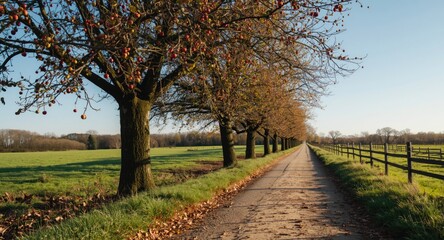 Fototapeta premium Coloring outline of an apple tree lined road in a peaceful rural setting