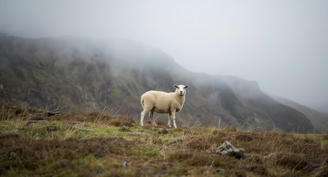 A lone Herdwick sheep poses on alpine grassland under grey cloudy conditions