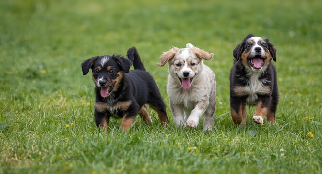 Delightful Norwegian Buhund puppies romping joyfully on a fresh green lawn in a full length summer setting