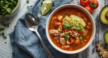 Comforting chicken tortilla soup loaded with fresh tomato bits and sliced avocado