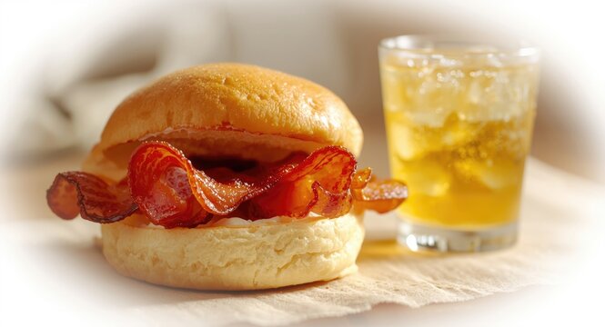 Classic bacon roll alongside chilled juice on a soft bun