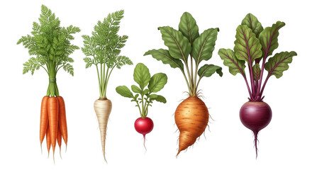 Fresh colorful root vegetables with green leaves on white background for healthy eating concept transparent background