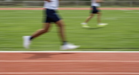 Fototapeta premium Blurred runners jogging on a well-kept sports field with text copy space