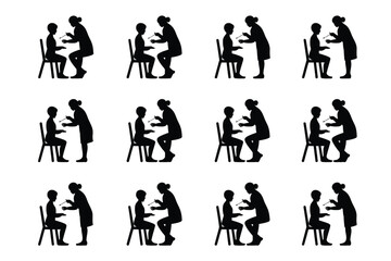 Fototapeta premium Collection of black silhouettes showing people interacting at tables across twelve different scenes on white background