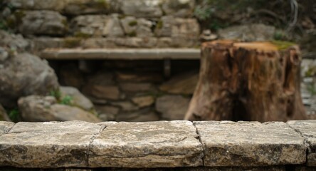 Fototapeta premium Stone ledge foreground combined with rugged rock shelf and stump background