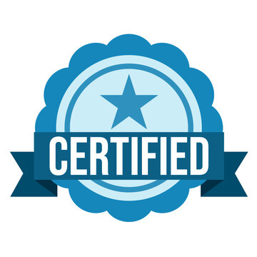 Blue Certification Badge with Star in Center and Ribbon Banner Displaying Certified in White Letters on Plain White Background Conveying Official Approval and Achievement