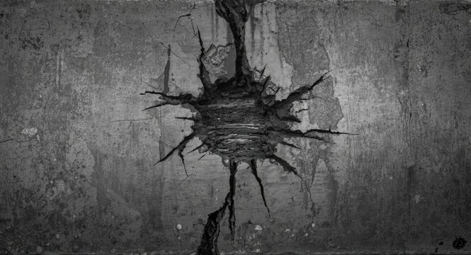 Close perspective on a cracked concrete barrier presenting rough texture and an evident hole exposing its core layers