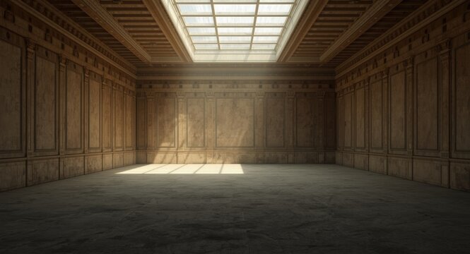 Empty chamber under brilliant ceiling light casting shadows