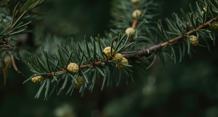 Fototapeta premium Close up of cedar tree branch with developing cones in natural light