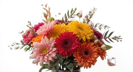 An artistic bouquet of vibrant flowers set against a white background capturing natural elegance
