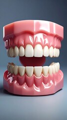 Obraz premium Close-up of prosthetic teeth model with pink gums, set on light blue