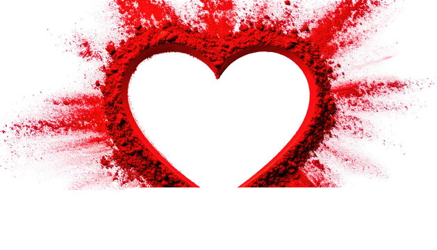 Exploding heart shape formed from red dust against a black background
