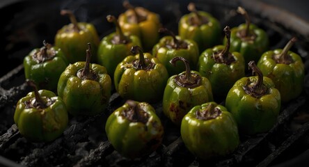 Charcoal grilled small green peppers with roasted texture