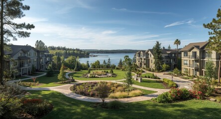 Fototapeta premium Overview of exclusive lakeside residential areas with flats and premium housing options