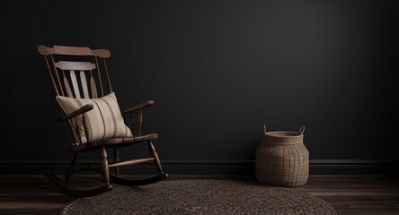 Fototapeta premium Dark room decorated with a wooden rocking chair, pillow, and woven basket