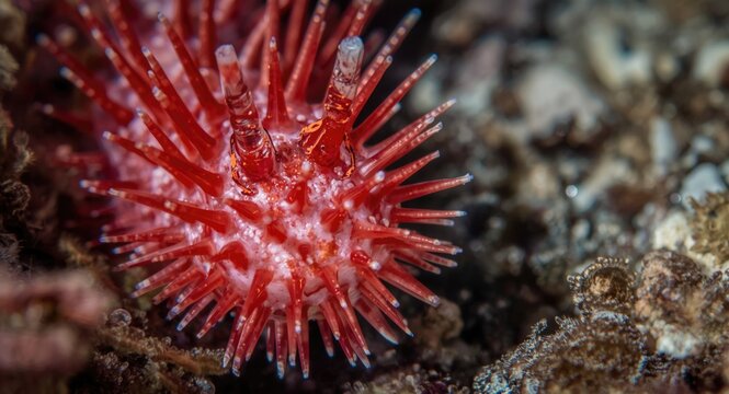Close up vibrant underwater shot of a spiky fireworm with venomous features