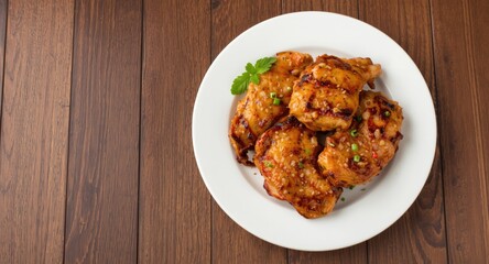 Fototapeta premium Cooked chicken steaks on white plate sitting on brown wooden floor including copy space area