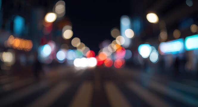 Blurred nighttime urban background displaying vivid neon lights and colorful reflections