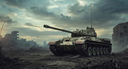 Battle tank in a devastated metropolitan area under armed conflict conditions