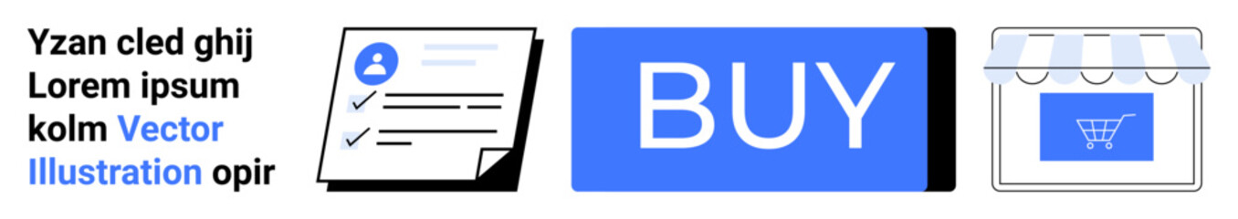 Checklist with profile icon, large blue buy button, and storefront icon with shopping cart motif. Ideal for online shopping websites, e-commerce platforms, digital purchases, retail apps, and market © robu_s