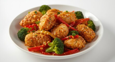 Fototapeta premium Delicious and healthy stir fry of air fried chicken with broccoli and bell peppers on a crisp white backdrop