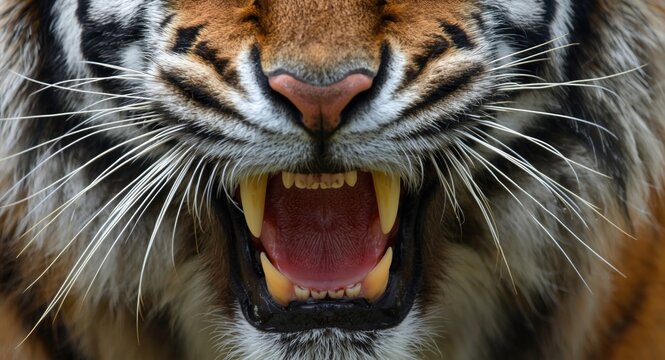 Close up of tiger face displaying teeth and aggressive expression