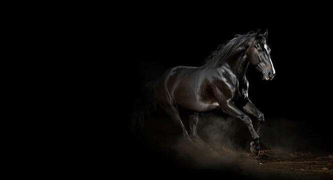 Black Arabian stallion sprinting with intensity against dark setting