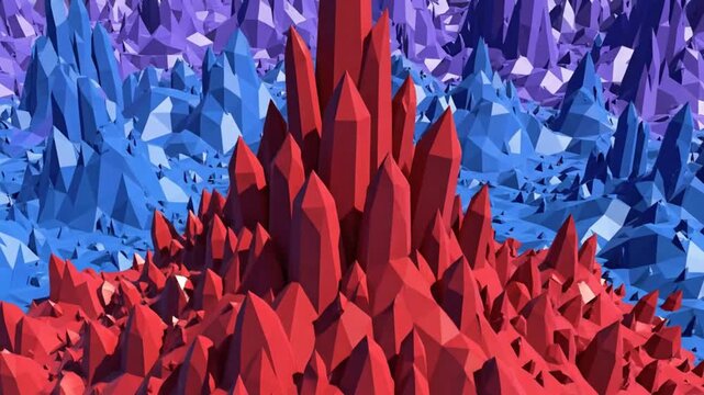 Abstract low poly landscape with red crystal formation surrounded by blue and purple mountain peaks