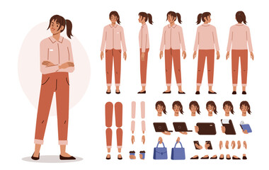 Fototapeta na wymiar Confident woman manager wearing formal shirt and trousers. Front, side, back poses and postures set. Vector illustration. 