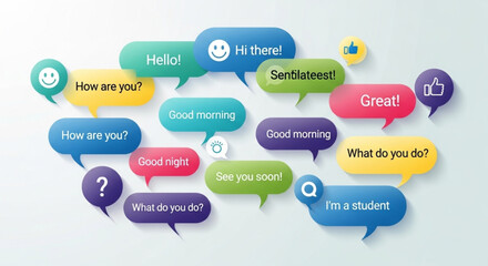 Collection of speech bubbles with common phrases and emojis. © cici caesar