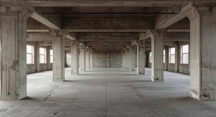 Fototapeta premium Deserted factory interior with exposed precast concrete ribbed beams and polished cement floors