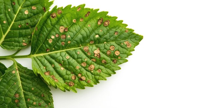 Close up of irregular brown spots on potato leaves from early blight fungus with white backdrop