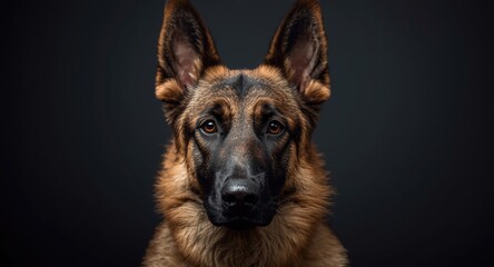 Detailed photo of a Belgian Shepherd Tervuren dog staring attentively into the lens