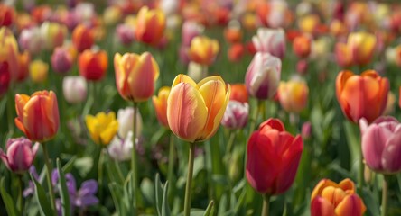 Obraz premium Colorful tulip blooms thriving in a fresh spring meadow