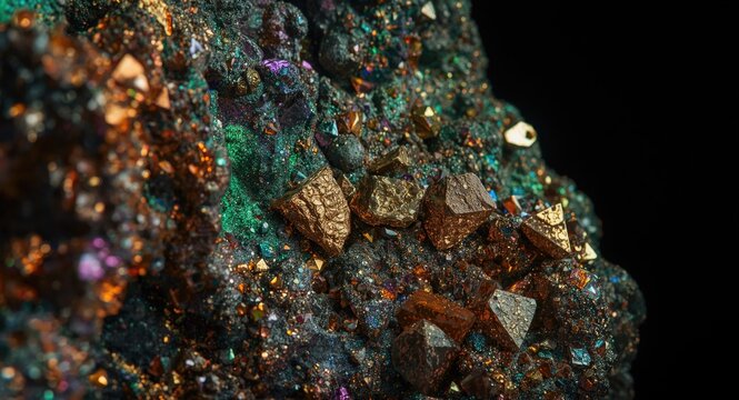 Copper ore chalcopyrite crystals exhibiting metallic colors under microscope