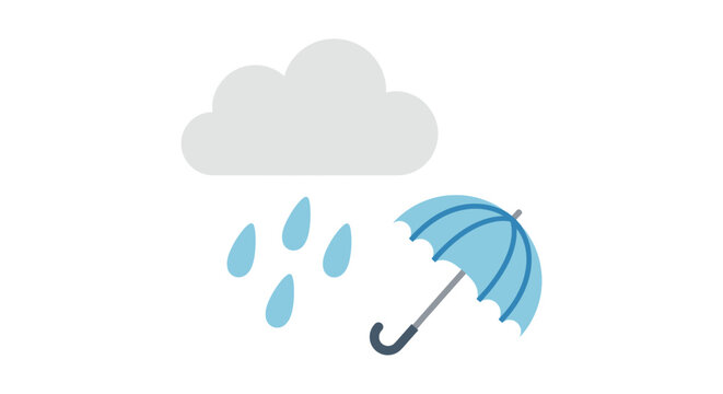 Simple flat design illustration showing a gray cloud with rain and an open blue umbrella for weather protection.