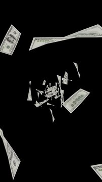 Bills of money move freely in empty space. vertical video.  looping animation