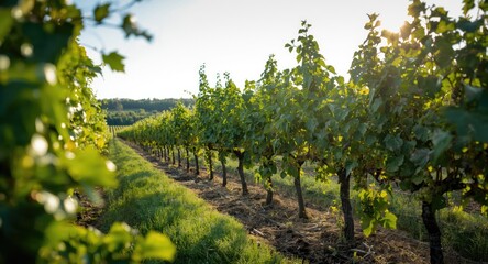 Creative depiction of blackcurrant bushes on fertile farmland in summer light