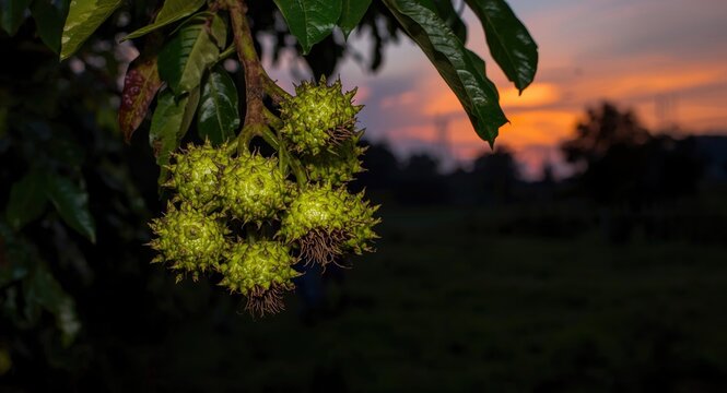 Budding noni fruits on tree branch with tropical dusk and faint farmer background