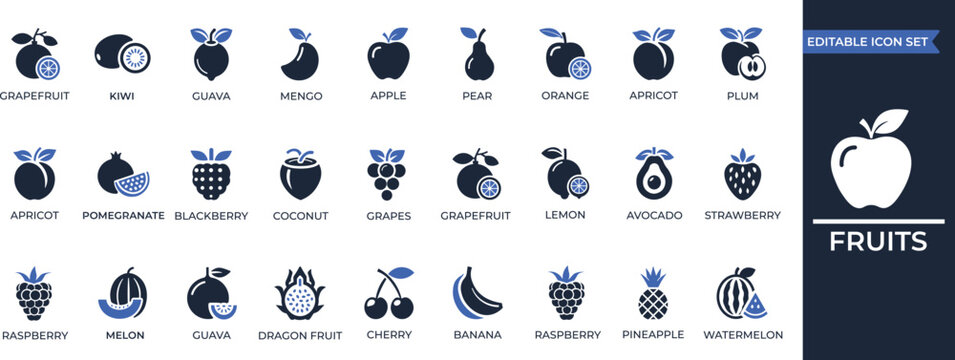 Fruits solid icon set. Containing apple, lemon, coconut, peach, banana, strawberry, cherry, watermelon, raspberry, pineapple, icons collection. Solid icon collection.