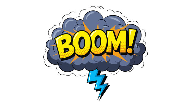 Comic Book Style BOOM Sound Effect Explosion with Thunder and Cloud Isolated on White