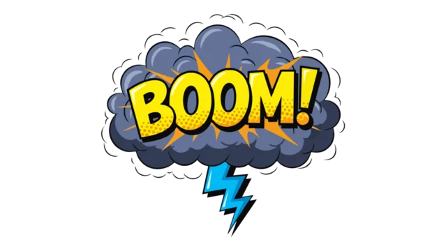 Comic Book Style BOOM Sound Effect Explosion with Thunder and Cloud Isolated on White