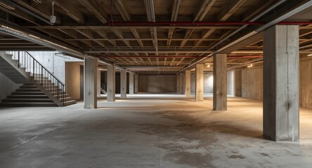 Contemporary empty basement showcasing concrete pillars stairs and glowing ceiling pathways with visible plumbing and electrical systems